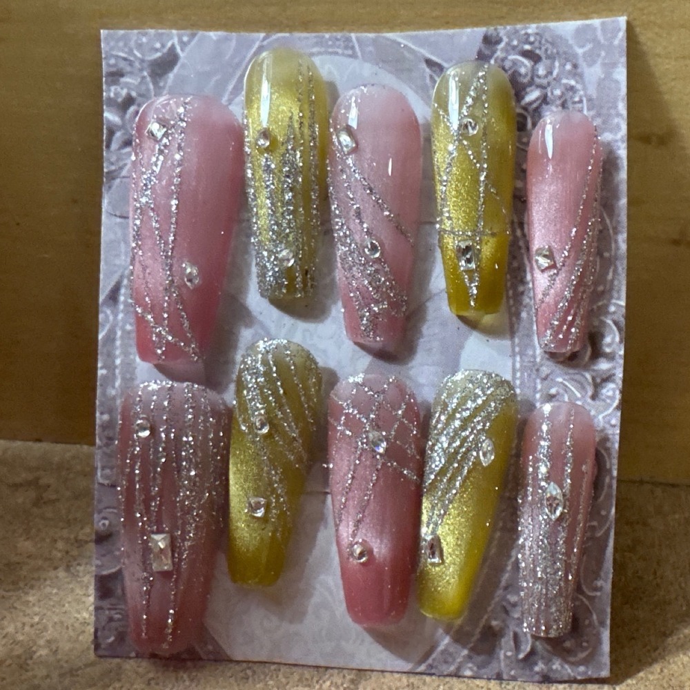 Press On Nails Pink Gold Glitter Rhinestone‎ Glam False Nail Set